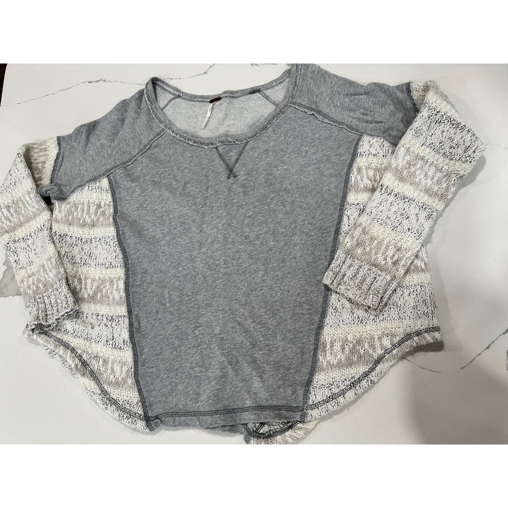Free People Mixed Media Knit Sweatshirt Gray Cream Striped Boho Oversized Small
